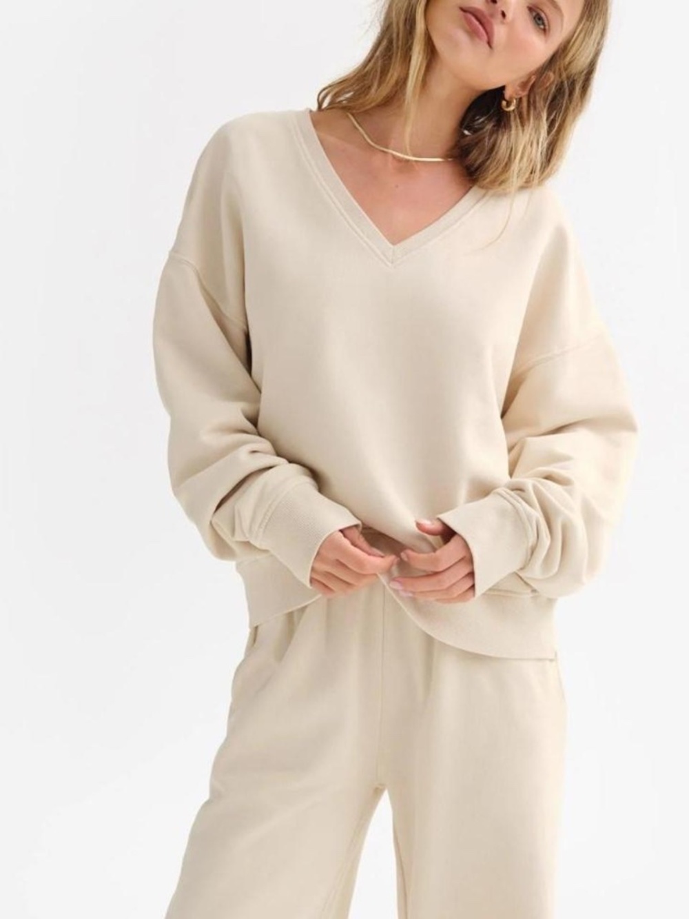 Mate the label Organic Fleece V-Neck Sweatshirt Bone Small $128 Retail - Picture 2 of 8